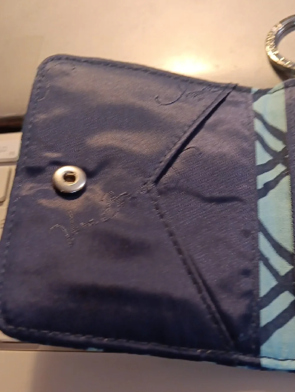 Vera Bradley Zip ID Case in a blue batik-inspired geometric pattern. - Picture 5 of 11